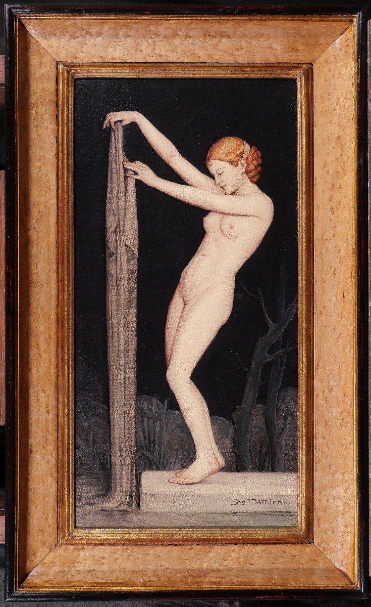 Jos Damien 1879-1973 Femme nue au drap, tableau, Art Nouveau, symbolisme Belgique-photo-2