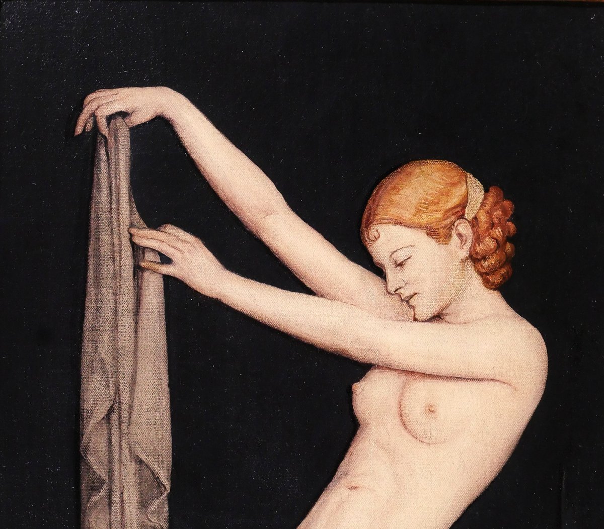 Jos Damien 1879-1973 Femme nue au drap, tableau, Art Nouveau, symbolisme Belgique-photo-1