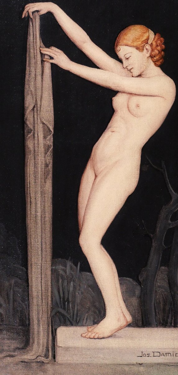 Jos Damien 1879-1973 Femme nue au drap, tableau, Art Nouveau, symbolisme Belgique-photo-4