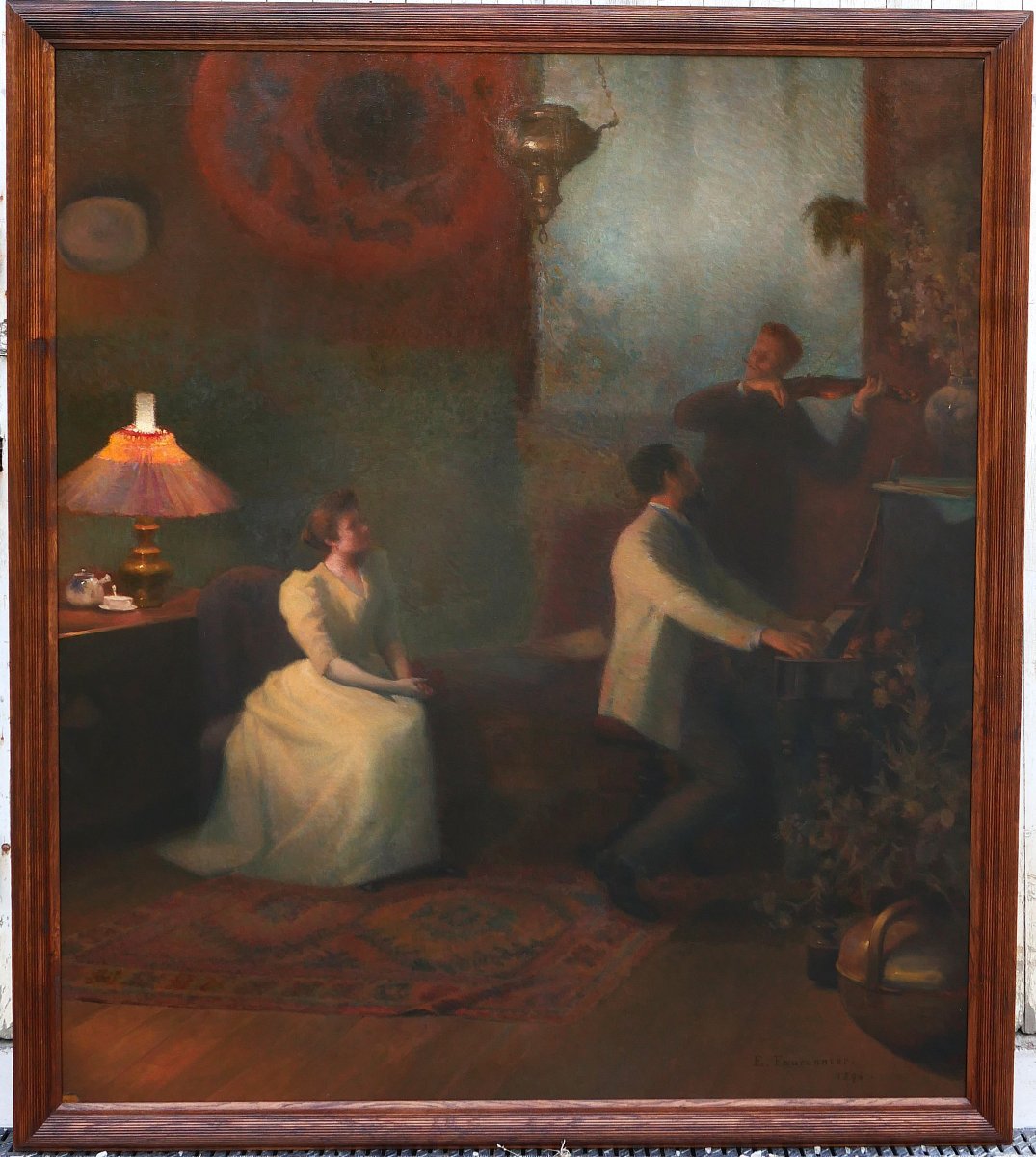 Emile-Eugène FAUCONNIER 1857-1938 Concert, effet du soir, grand tableau, 1894 musique violon-photo-2