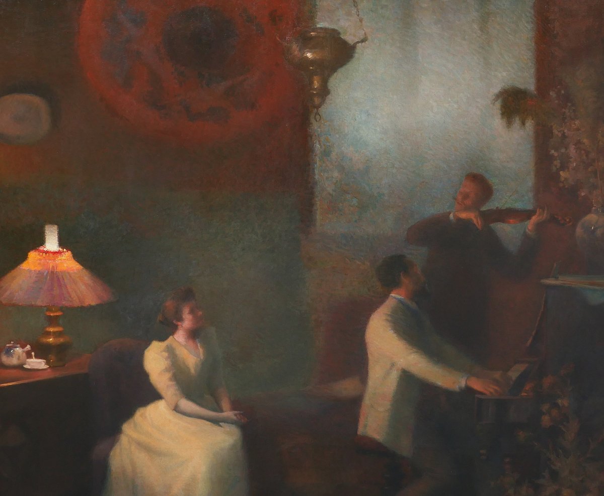Emile-Eugène FAUCONNIER 1857-1938 Concert, effet du soir, grand tableau, 1894 musique violon-photo-4