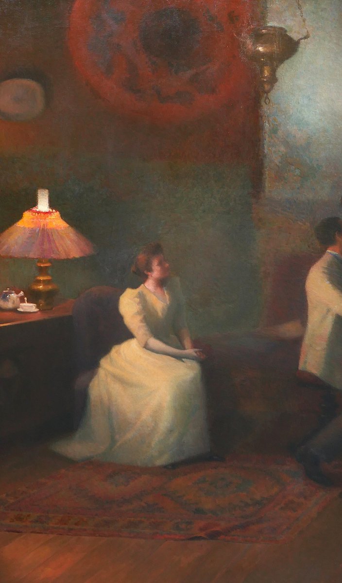 Emile-Eugène FAUCONNIER 1857-1938 Concert, effet du soir, grand tableau, 1894 musique violon-photo-2