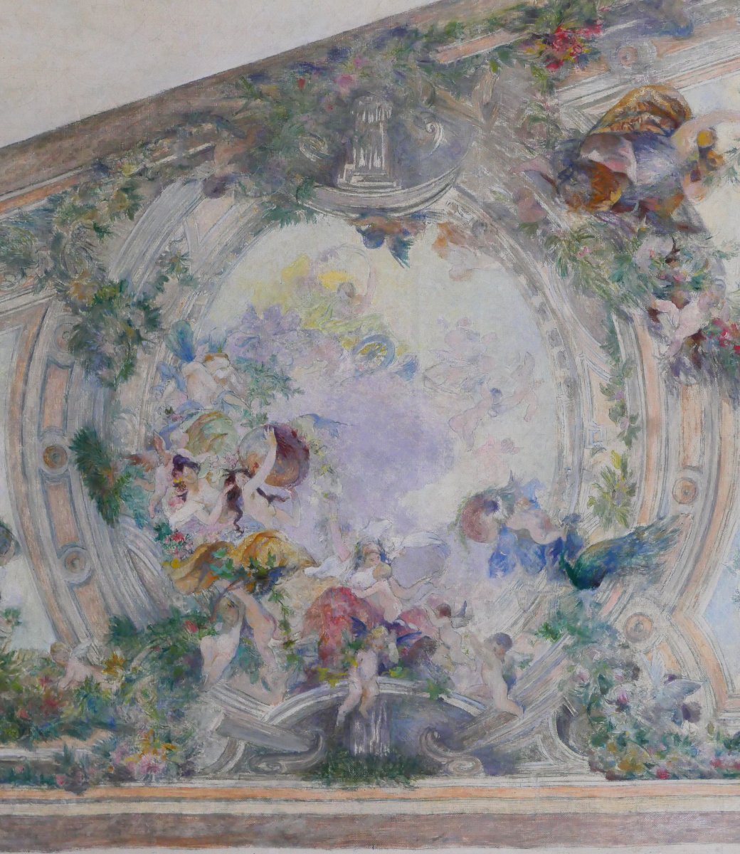 Ecole française vers 1890-1900, Etude de plafond, tableau, Art Nouveau, décoration-photo-4