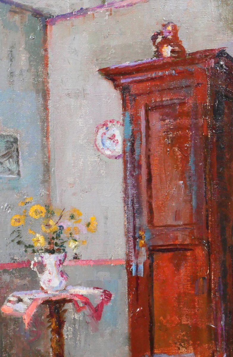 Suzanne Minier 1884-1955 Interior With Chair, Painting, Circa 1910 Impressionist Still Life-photo-2