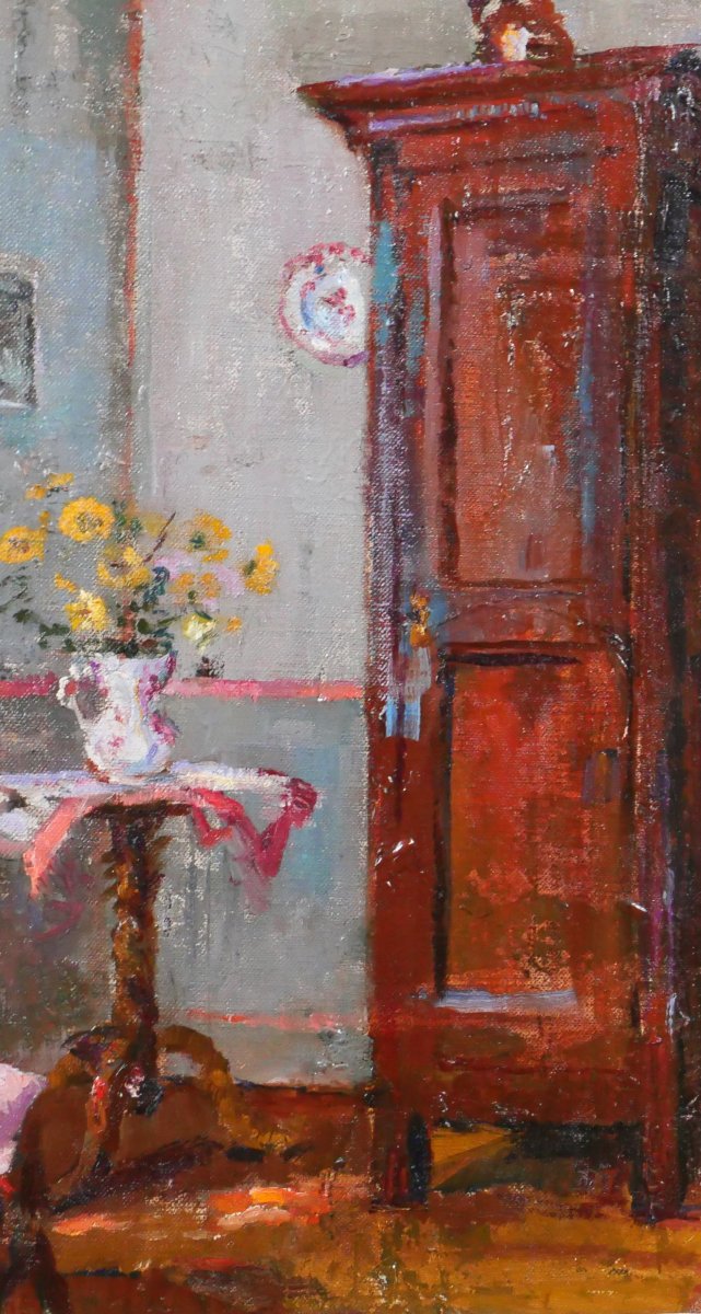 Suzanne Minier 1884-1955 Interior With Chair, Painting, Circa 1910 Impressionist Still Life-photo-3