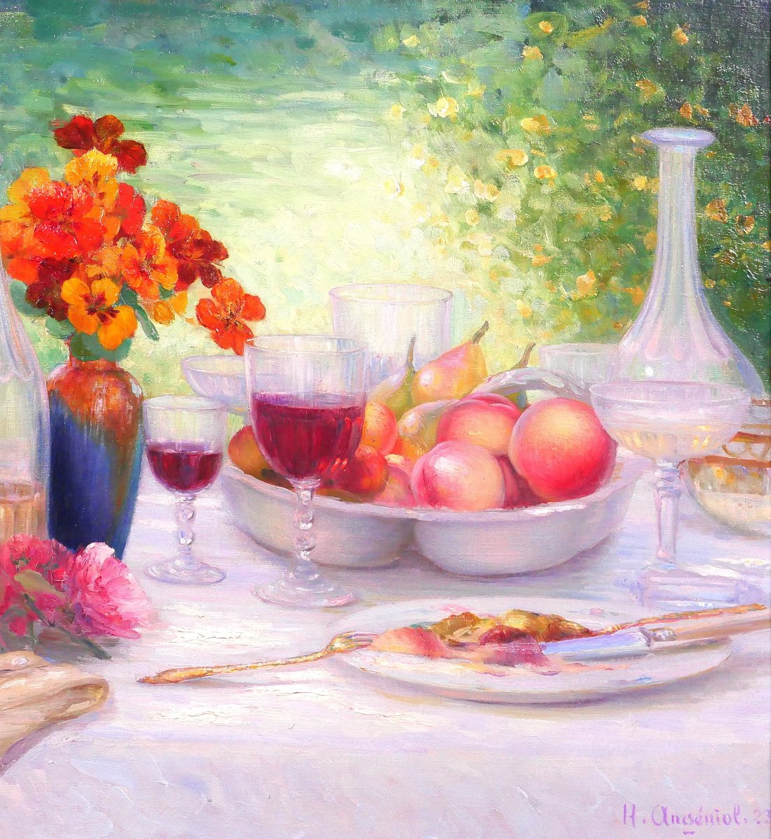 Henri Angeniol 1870-1959 Luncheon In The Garden, Painting, Still Life Salon 1924 Flowers Fruit-photo-4