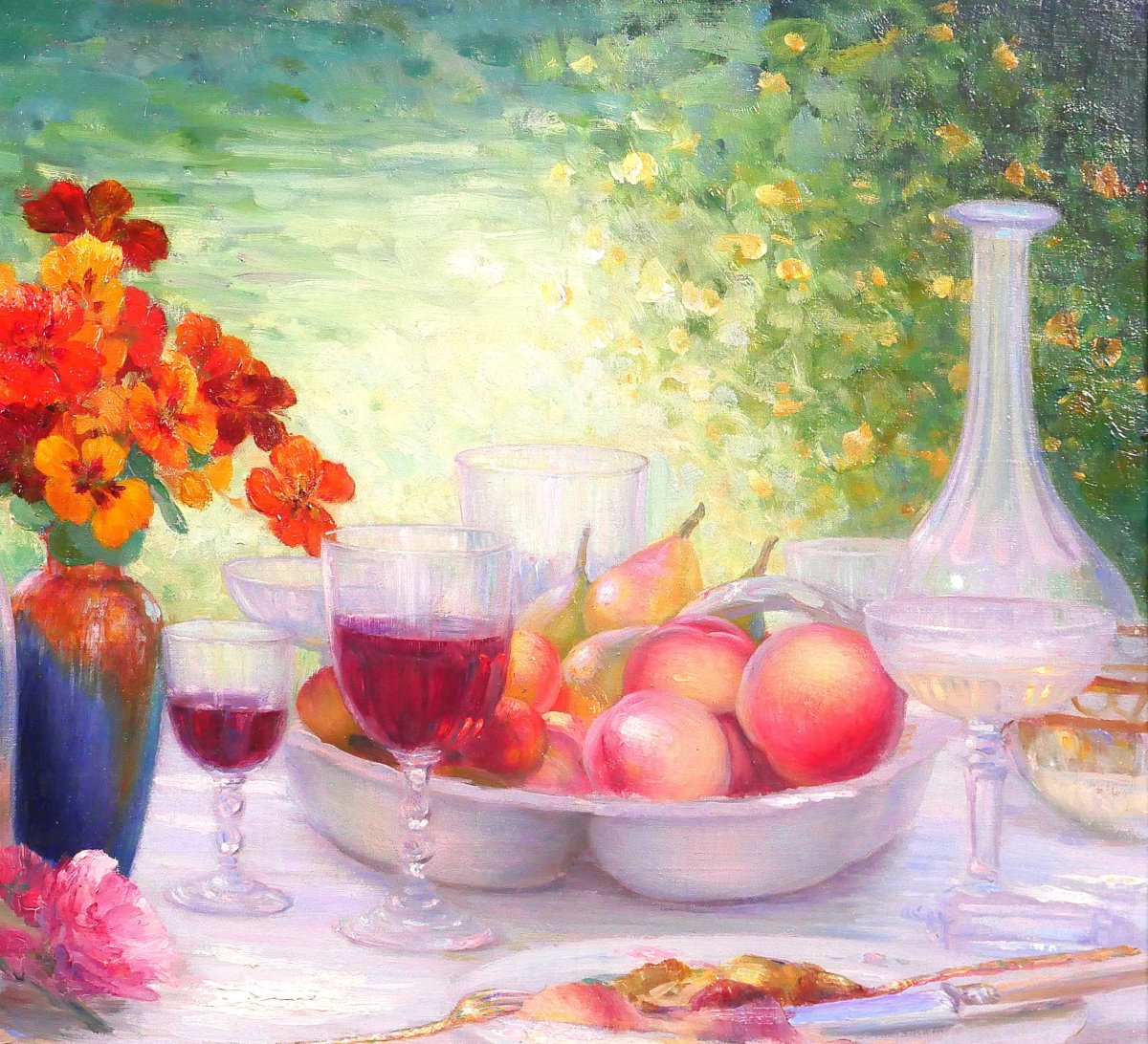 Henri Angeniol 1870-1959 Luncheon In The Garden, Painting, Still Life Salon 1924 Flowers Fruit-photo-2