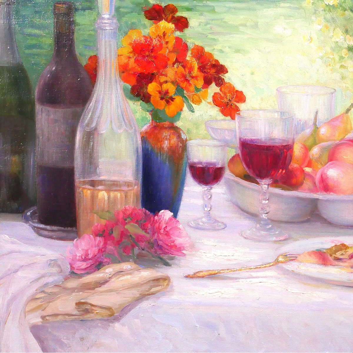 Henri Angeniol 1870-1959 Luncheon In The Garden, Painting, Still Life Salon 1924 Flowers Fruit-photo-4