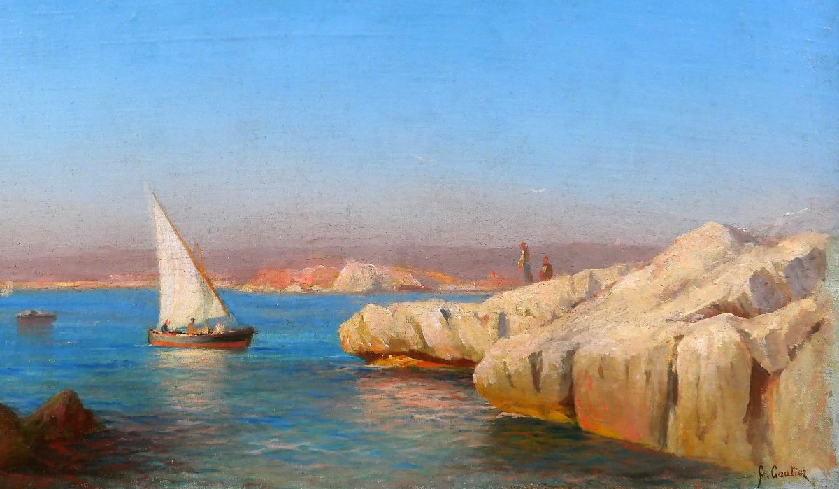 François Gautier 1842-1917 Marseille, Boat At Sea, Landscape, Painting Circa 1890 Impressionism-photo-3