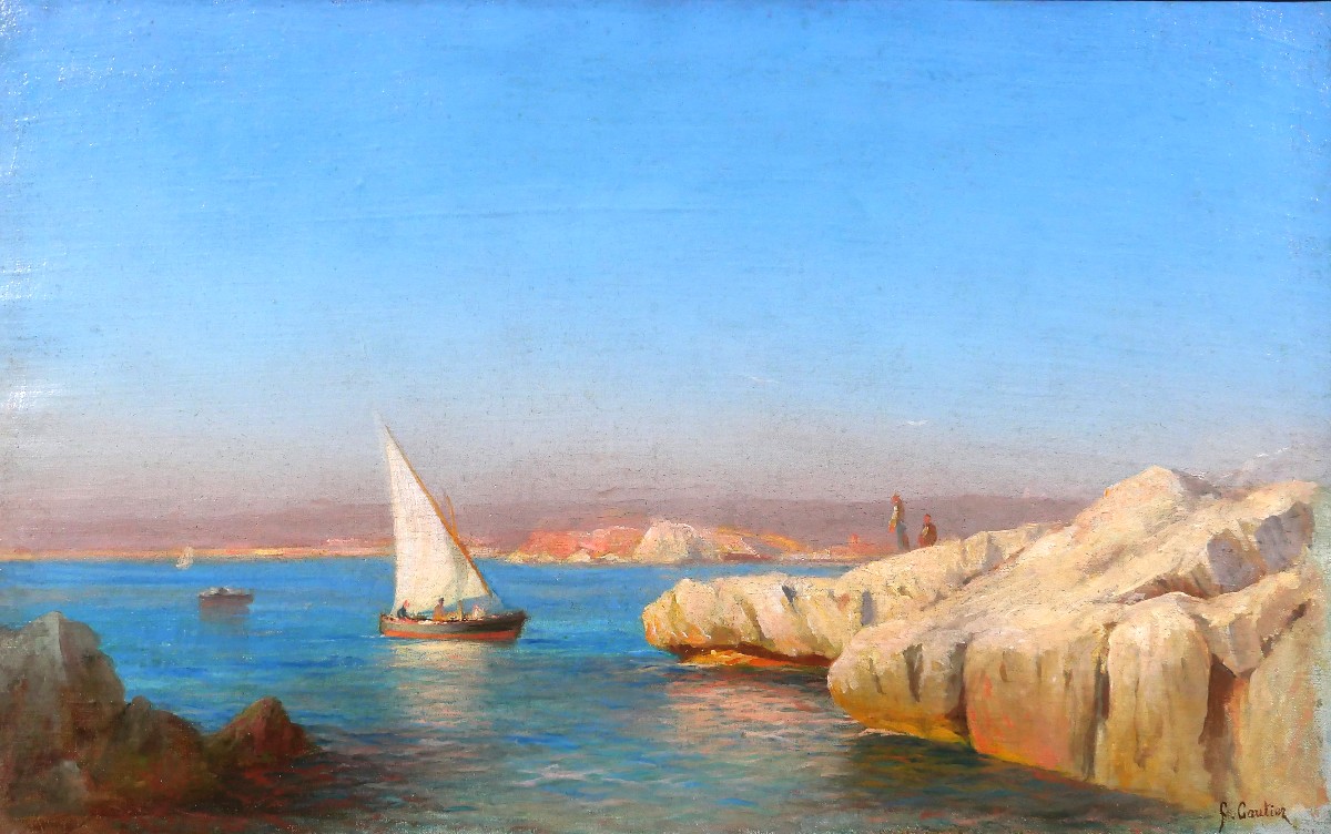 François Gautier 1842-1917 Marseille, Boat At Sea, Landscape, Painting Circa 1890 Impressionism