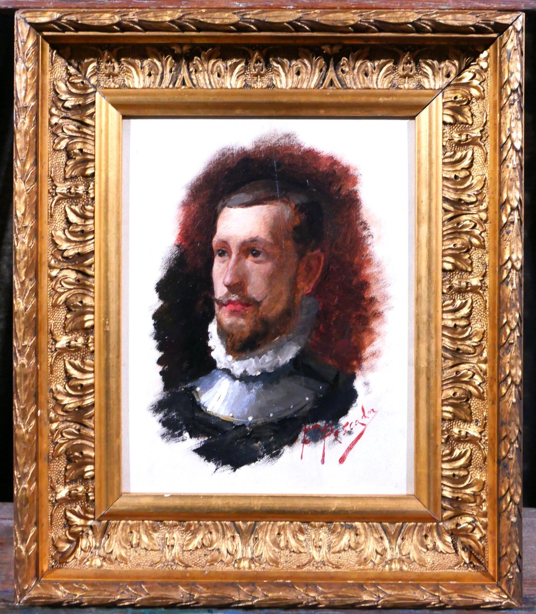 José Sanchez Pescador 1839-1887 Portrait Of A Man, Painting Spain Romanticism Don Quixote-photo-2