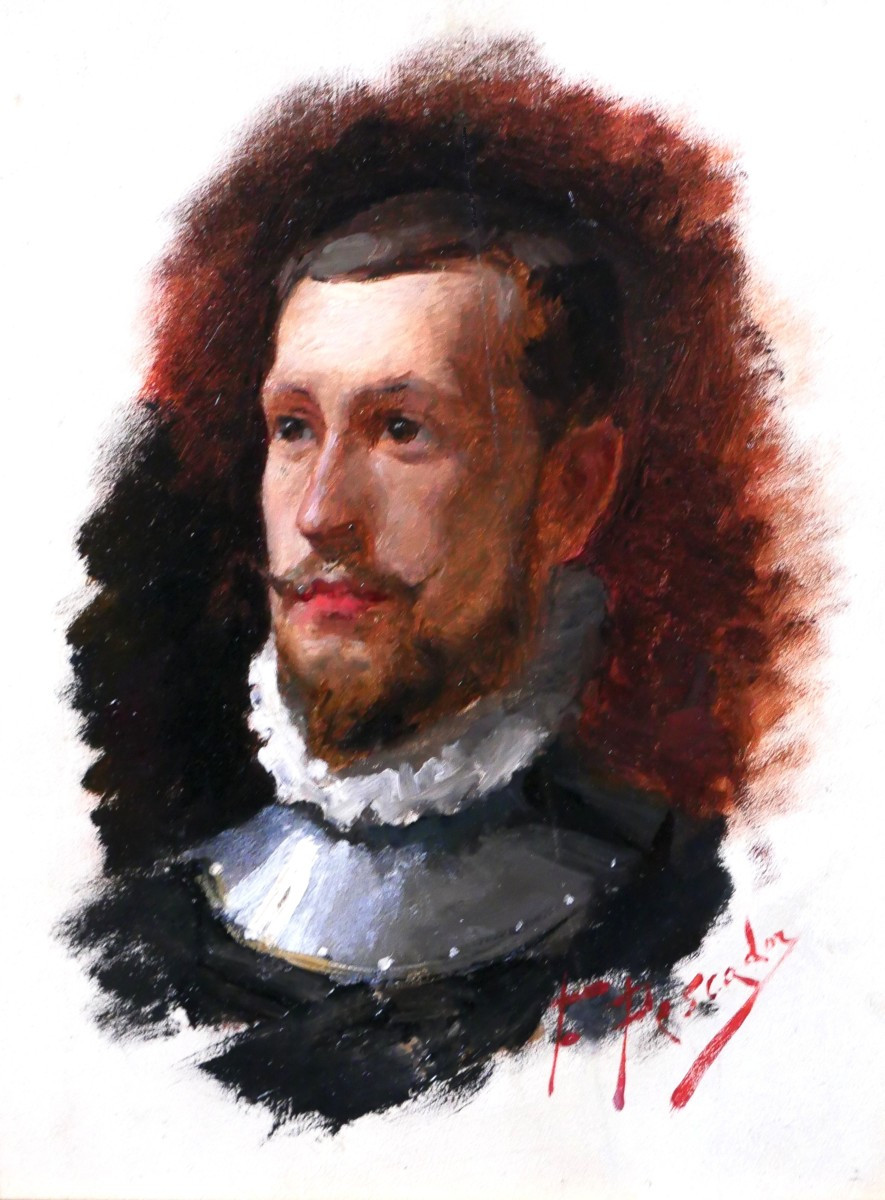 José Sanchez Pescador 1839-1887 Portrait Of A Man, Painting Spain Romanticism Don Quixote