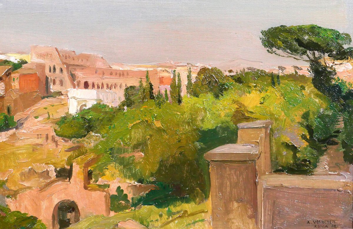 Alfons VERHEYEN 1903-1990 Rome, paysage du forum, tableau 1938 Italie Colisée-photo-3