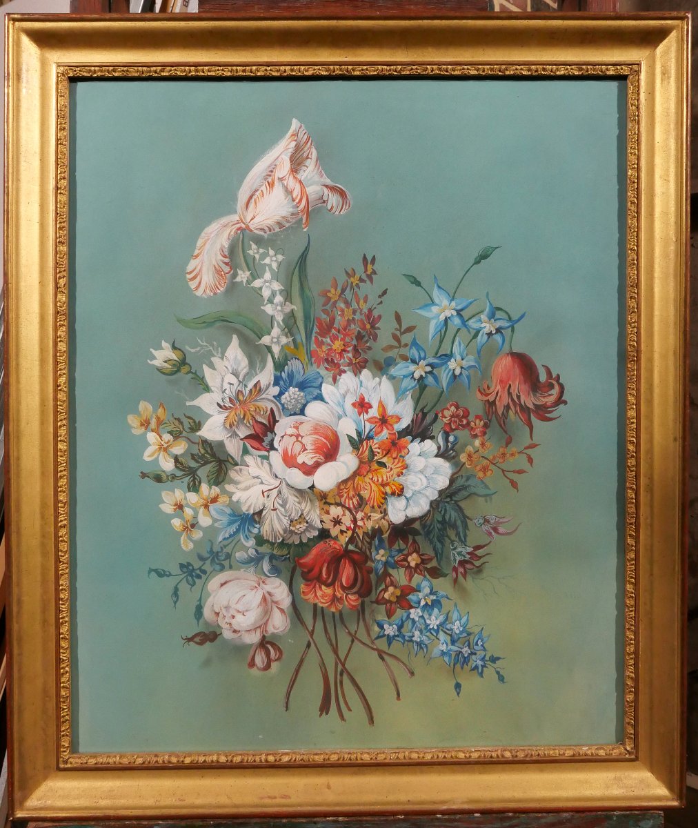 Ecole française 1840-50 Bouquet de fleurs, grand dessin, tapisserie nature morte-photo-2