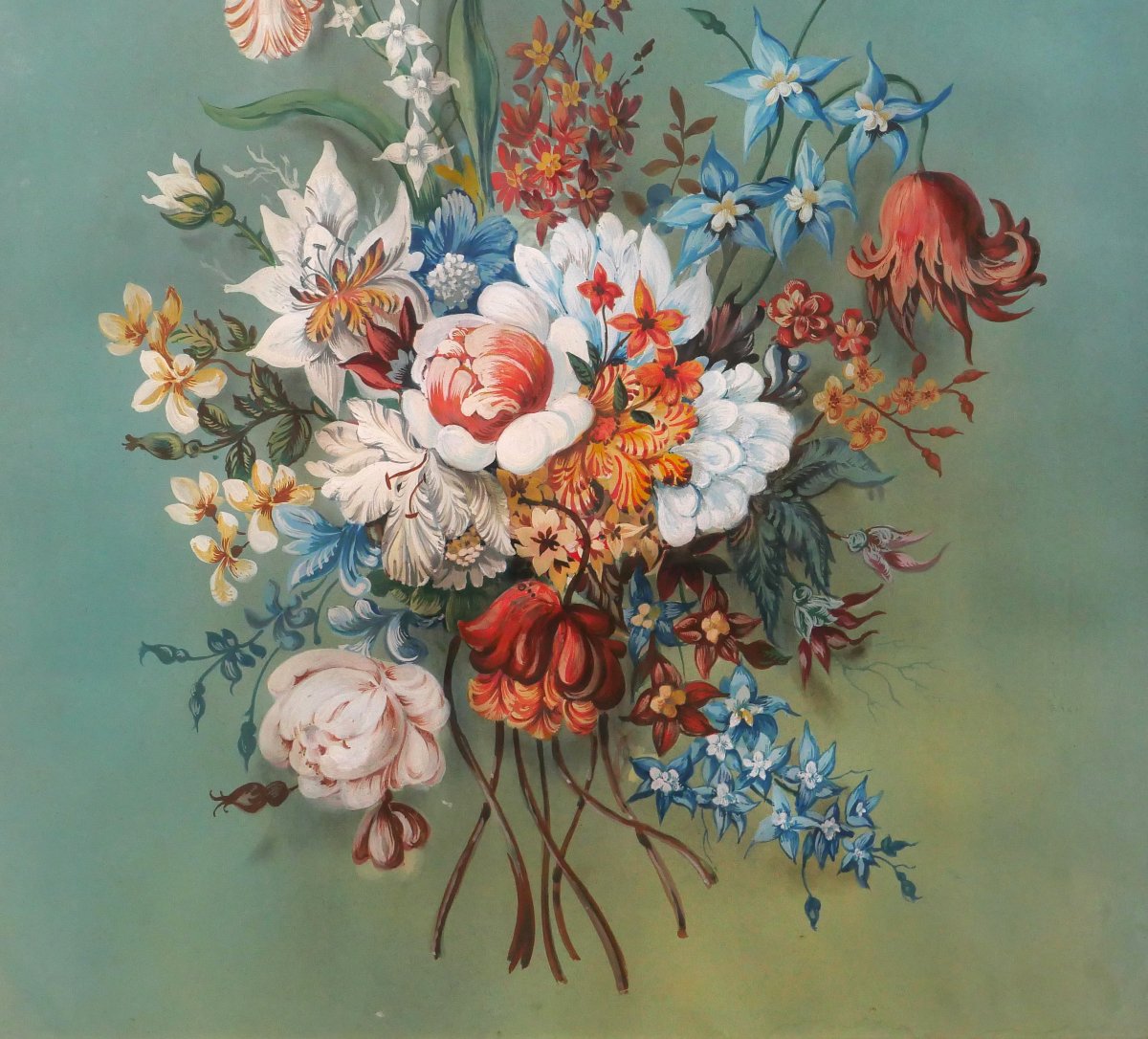 Ecole française 1840-50 Bouquet de fleurs, grand dessin, tapisserie nature morte-photo-4
