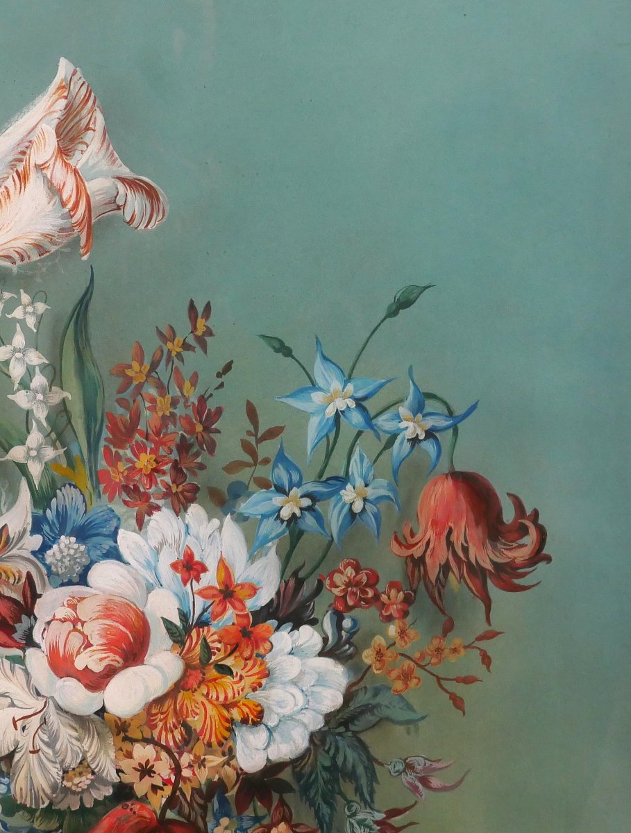 Ecole française 1840-50 Bouquet de fleurs, grand dessin, tapisserie nature morte-photo-2