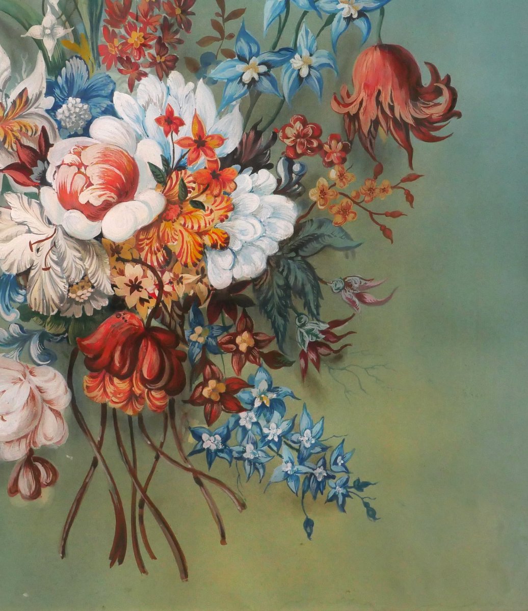 Ecole française 1840-50 Bouquet de fleurs, grand dessin, tapisserie nature morte-photo-3