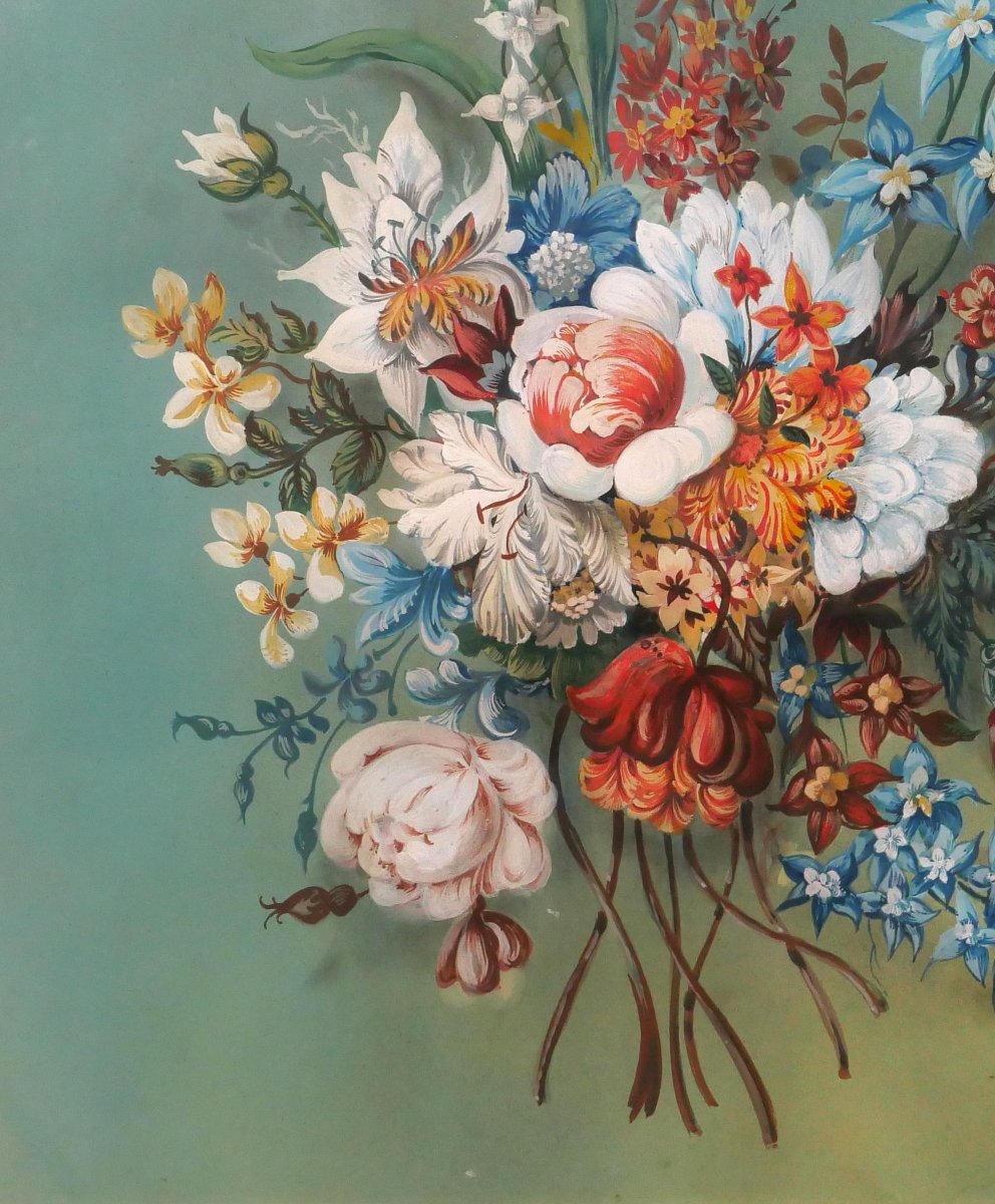 Ecole française 1840-50 Bouquet de fleurs, grand dessin, tapisserie nature morte-photo-4