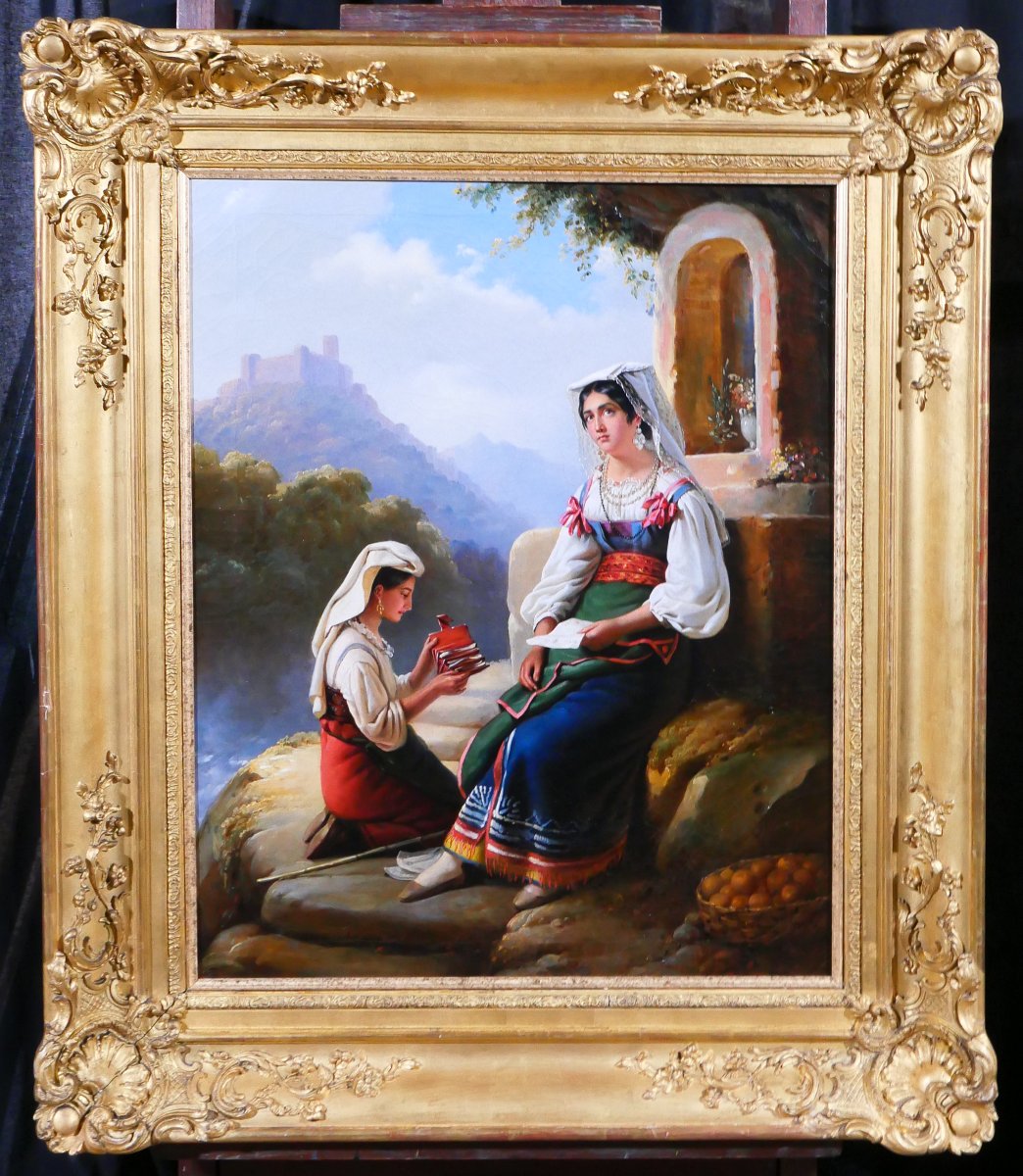 Edouard Pingret 1785-1869 Italie, femmes dans un paysage, tableau, Salon 1841 Romantisme-photo-2