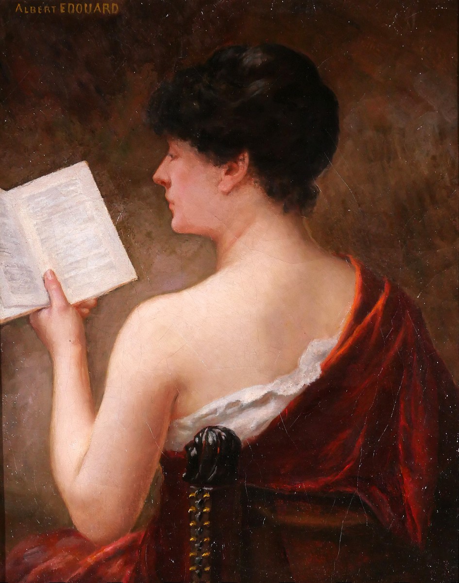Albert-Jules EDOUARD 1845-1919 Femme lisant un livre, tableau, portrait impressionnisme