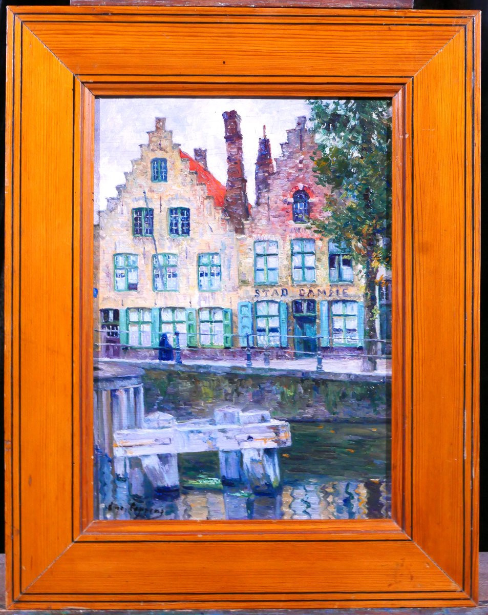 Omer Coppens 1864-1926 Brugge, Dock At The Old Tavern, Painting, C. 1900 Belgium Landscape-photo-2