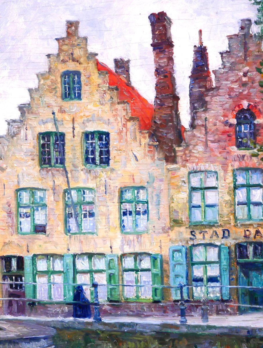 Omer Coppens 1864-1926 Brugge, Dock At The Old Tavern, Painting, C. 1900 Belgium Landscape-photo-1