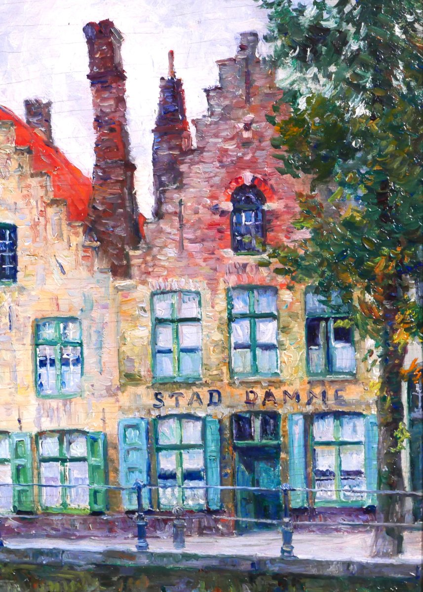 Omer Coppens 1864-1926 Brugge, Dock At The Old Tavern, Painting, C. 1900 Belgium Landscape-photo-2