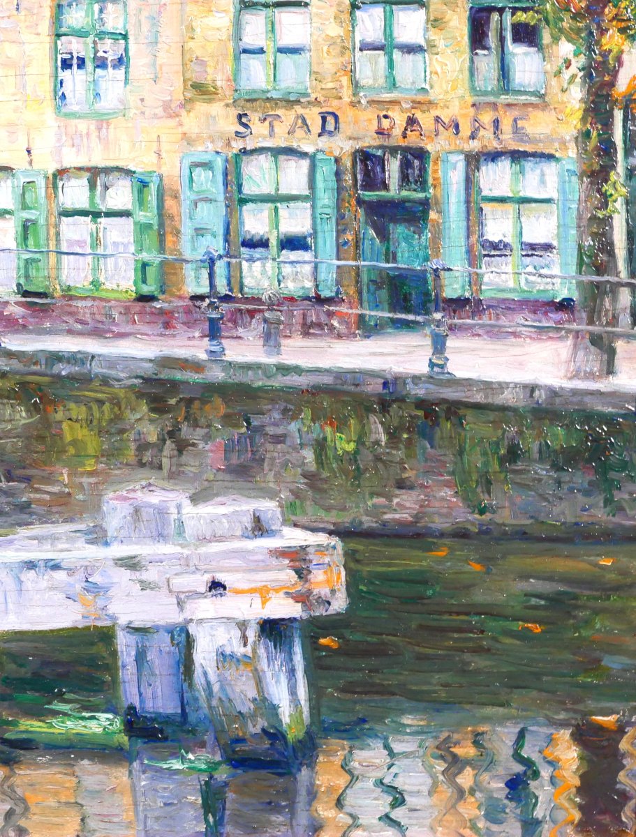Omer Coppens 1864-1926 Brugge, Dock At The Old Tavern, Painting, C. 1900 Belgium Landscape-photo-3