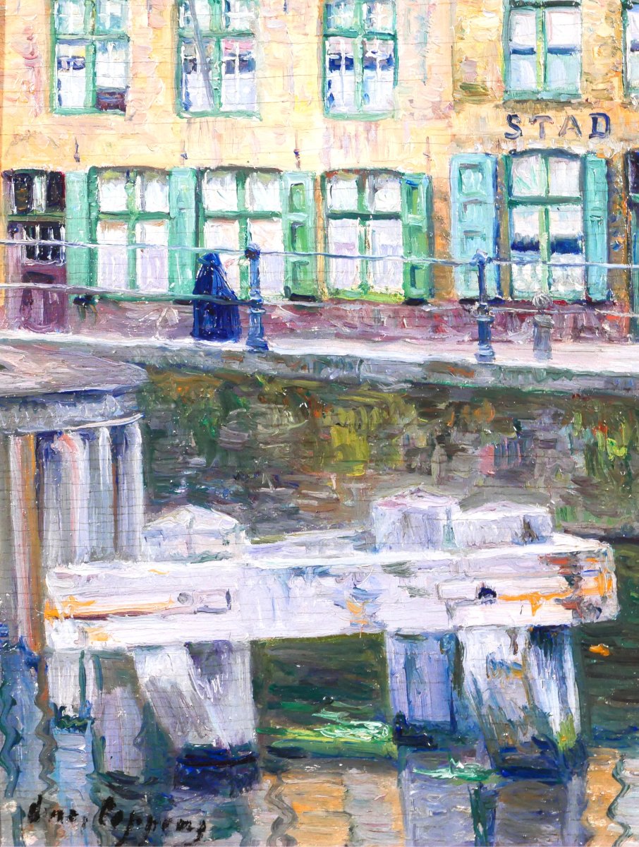 Omer Coppens 1864-1926 Brugge, Dock At The Old Tavern, Painting, C. 1900 Belgium Landscape-photo-4