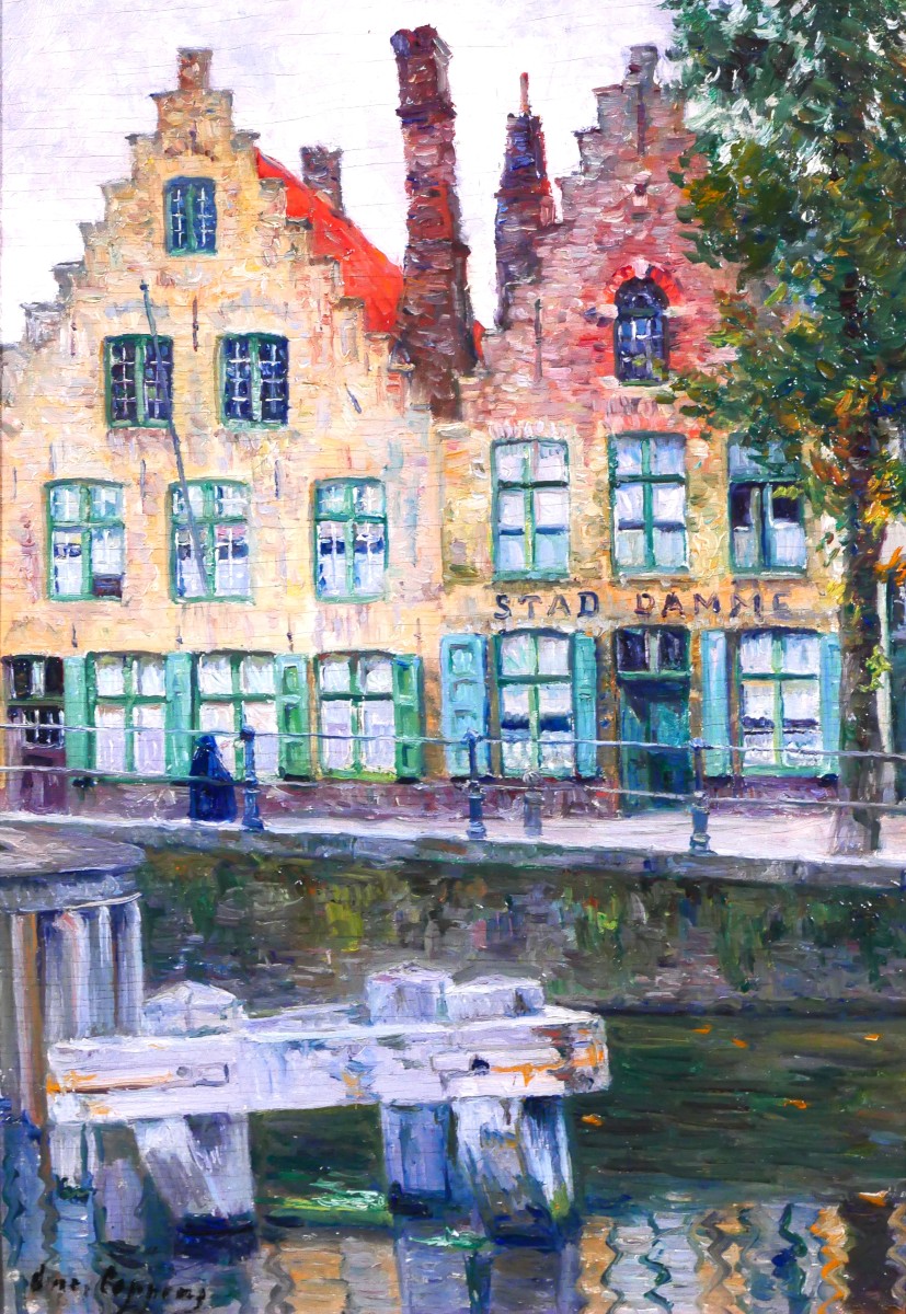 Omer Coppens 1864-1926 Brugge, Dock At The Old Tavern, Painting, C. 1900 Belgium Landscape