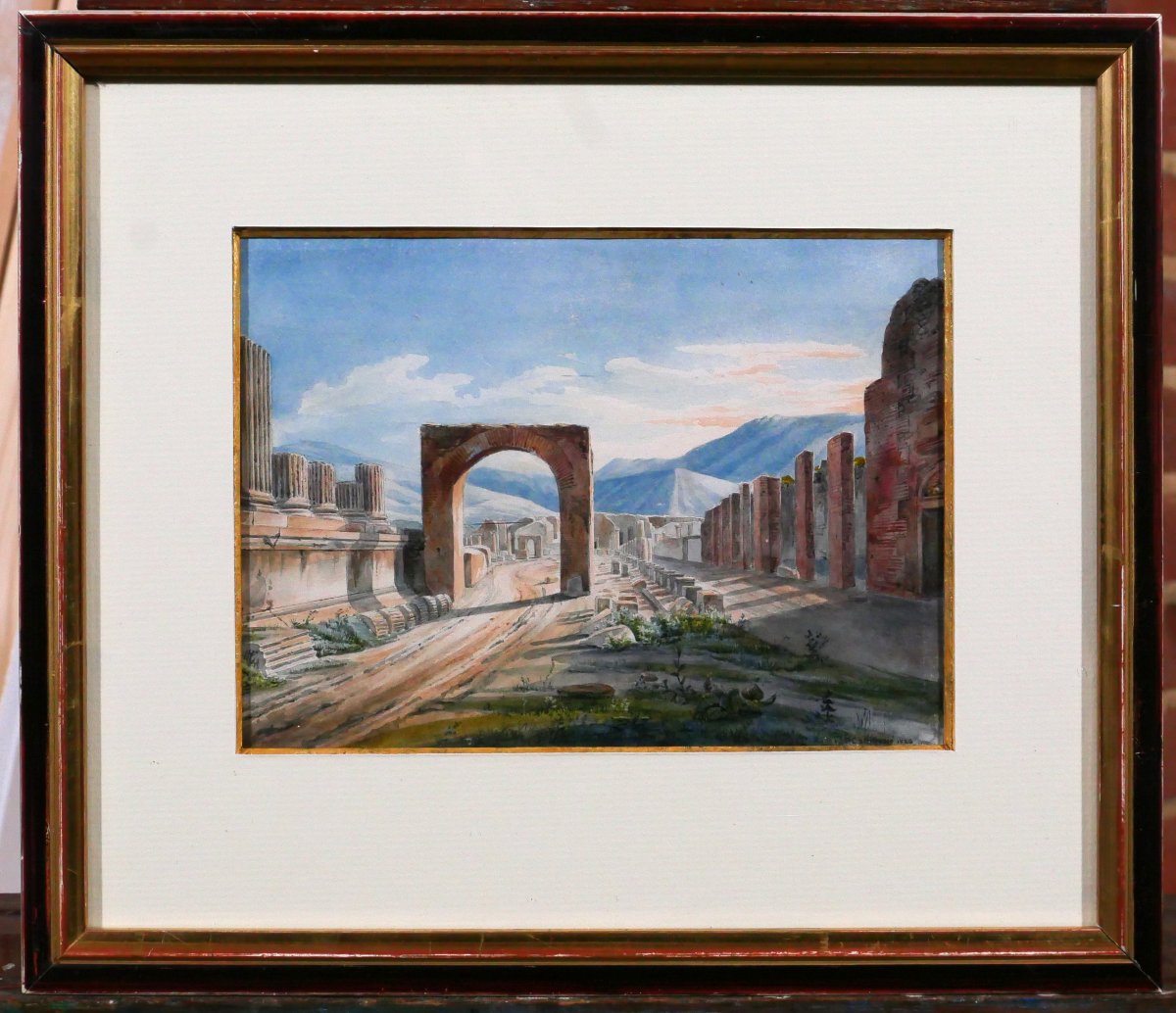 Philippe Cannissié 1799-1877 Pompéi, paysage du forum, dessin, 1825 Italie Antiquité Rome-photo-2