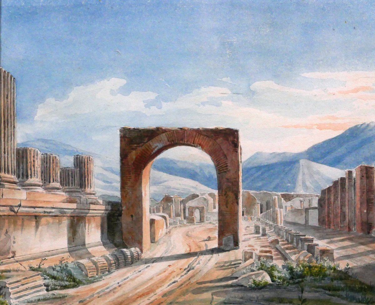Philippe Cannissié 1799-1877 Pompéi, paysage du forum, dessin, 1825 Italie Antiquité Rome-photo-1