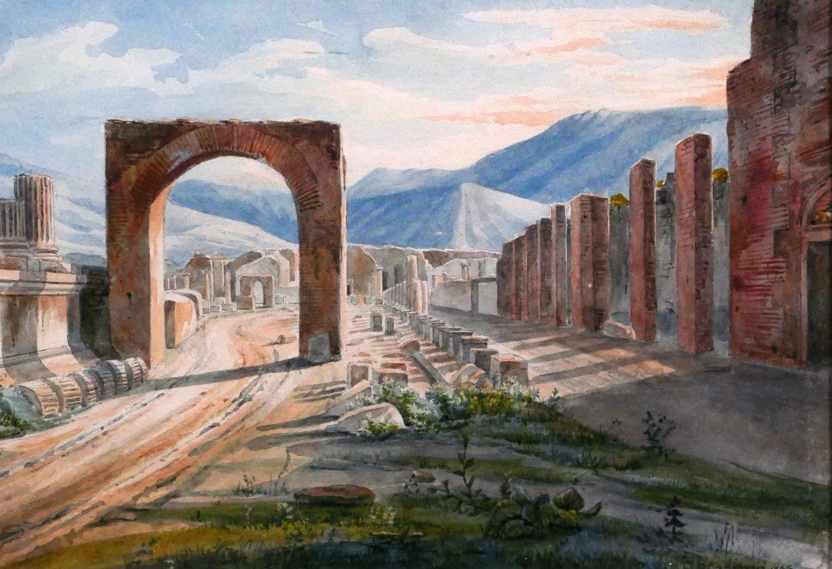 Philippe Cannissié 1799-1877 Pompéi, paysage du forum, dessin, 1825 Italie Antiquité Rome-photo-3