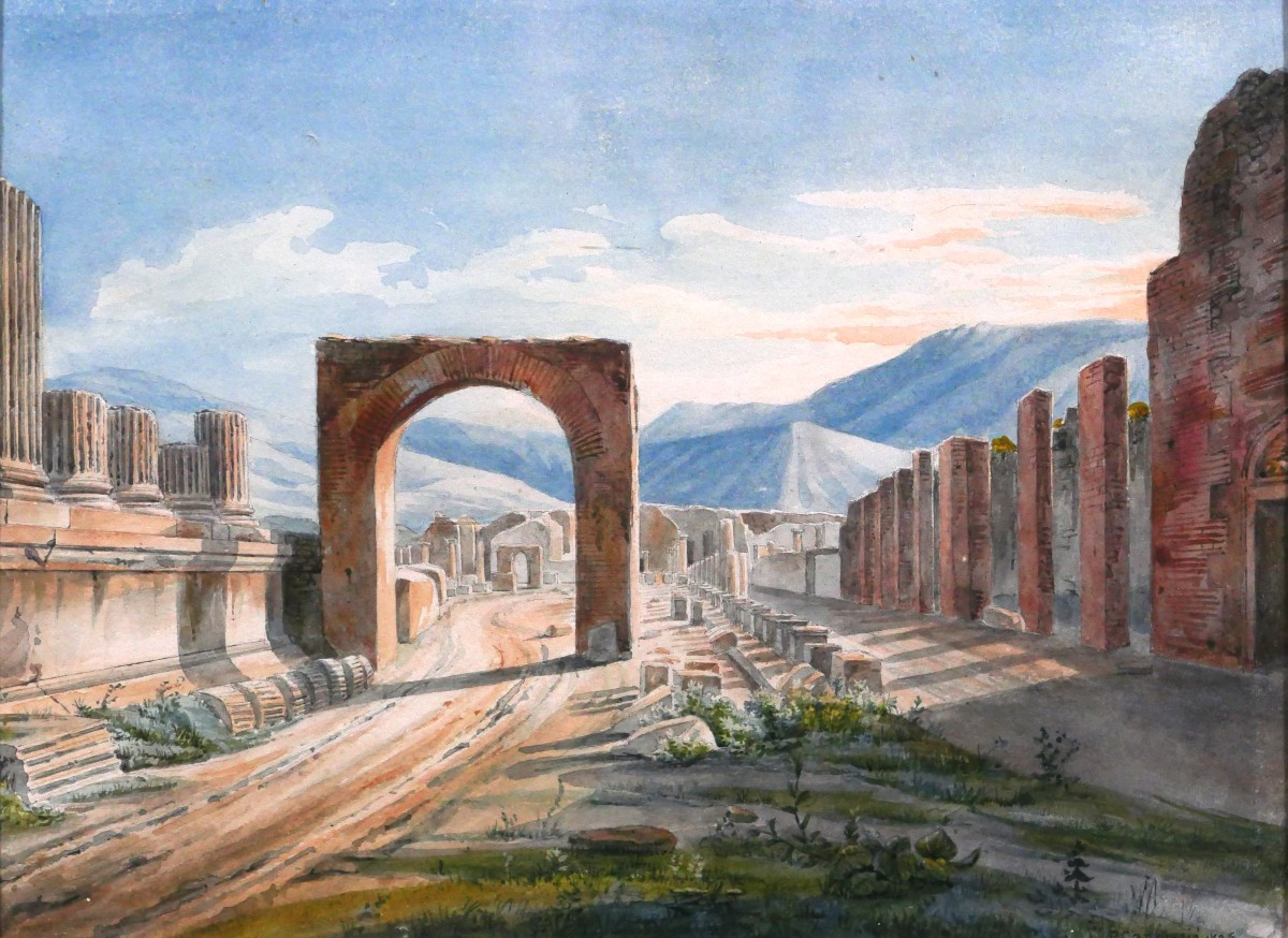 Philippe Cannissié 1799-1877 Pompéi, paysage du forum, dessin, 1825 Italie Antiquité Rome