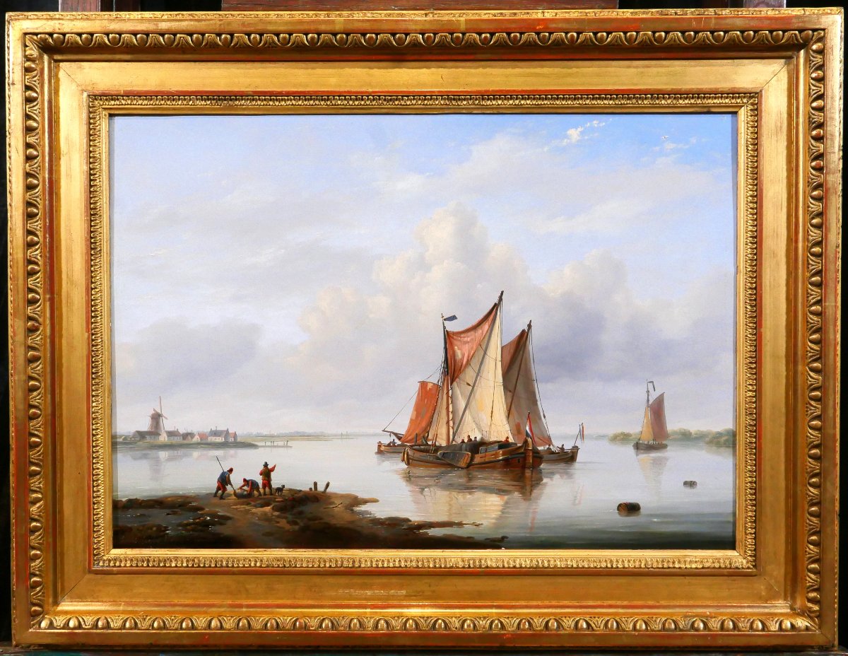 Louis VERBOECKHOVEN 1802-1889 Bateaux hollandais en mer, tableau marine romantisme Pays-Bas-photo-2