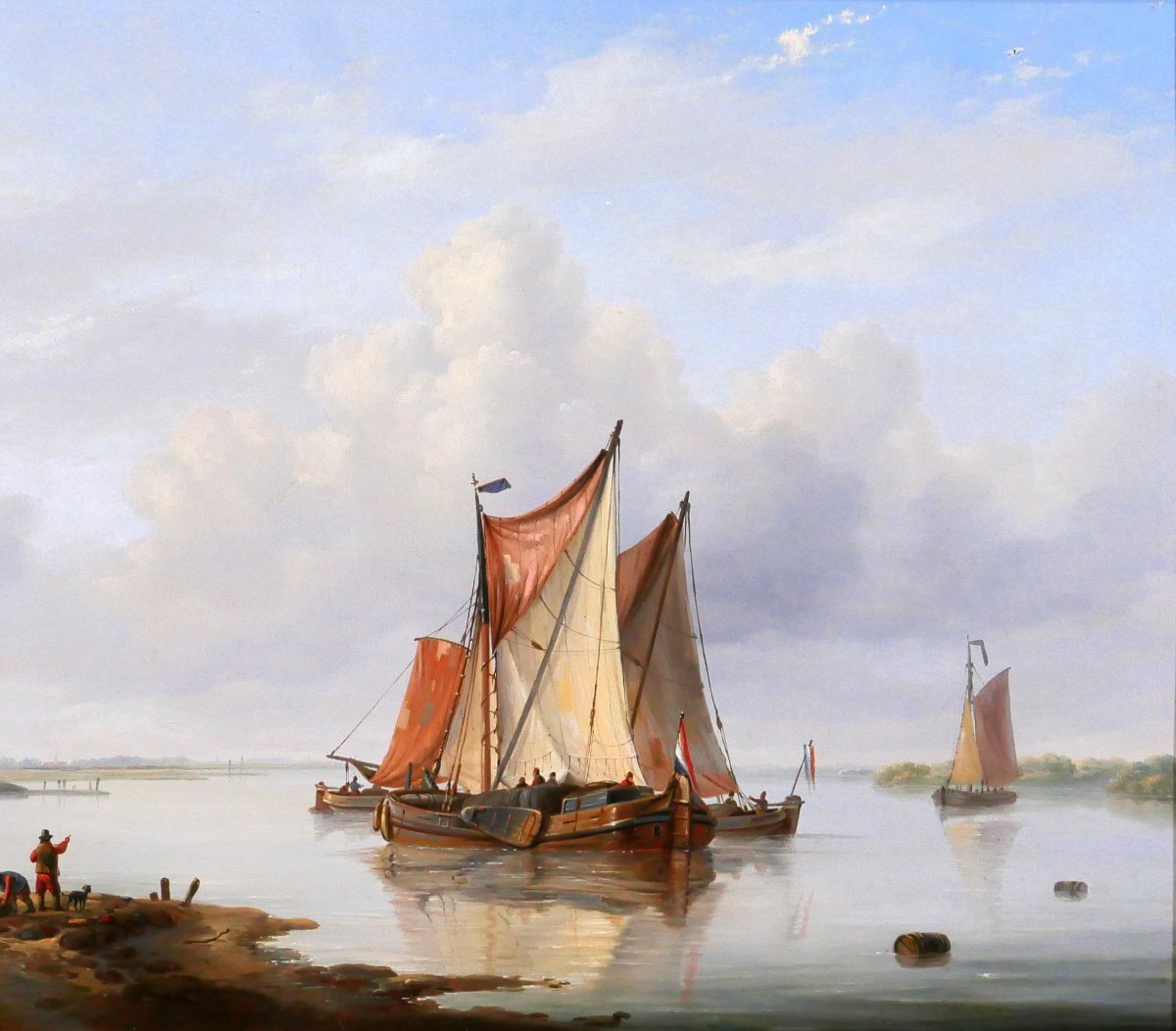 Louis VERBOECKHOVEN 1802-1889 Bateaux hollandais en mer, tableau marine romantisme Pays-Bas-photo-4