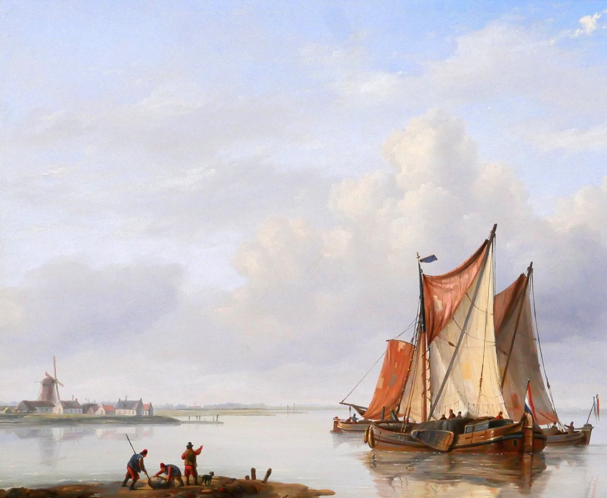 Louis VERBOECKHOVEN 1802-1889 Bateaux hollandais en mer, tableau marine romantisme Pays-Bas-photo-1
