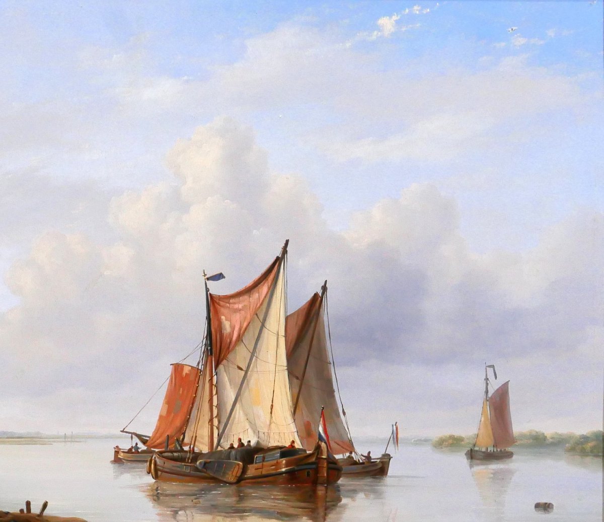 Louis VERBOECKHOVEN 1802-1889 Bateaux hollandais en mer, tableau marine romantisme Pays-Bas-photo-2