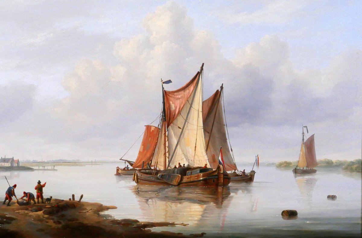 Louis VERBOECKHOVEN 1802-1889 Bateaux hollandais en mer, tableau marine romantisme Pays-Bas-photo-3