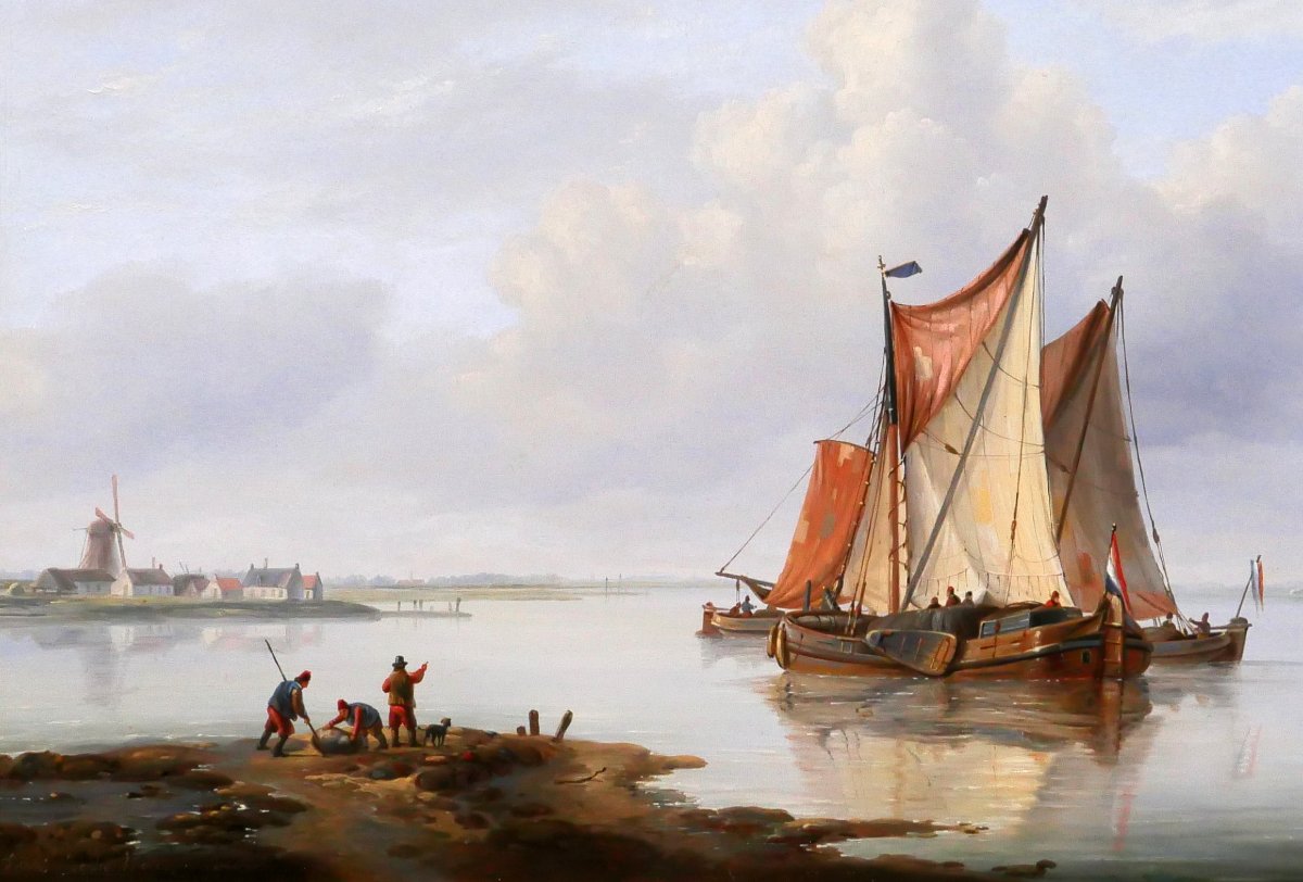 Louis VERBOECKHOVEN 1802-1889 Bateaux hollandais en mer, tableau marine romantisme Pays-Bas-photo-4