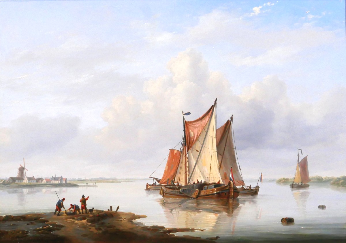 Louis VERBOECKHOVEN 1802-1889 Bateaux hollandais en mer, tableau marine romantisme Pays-Bas