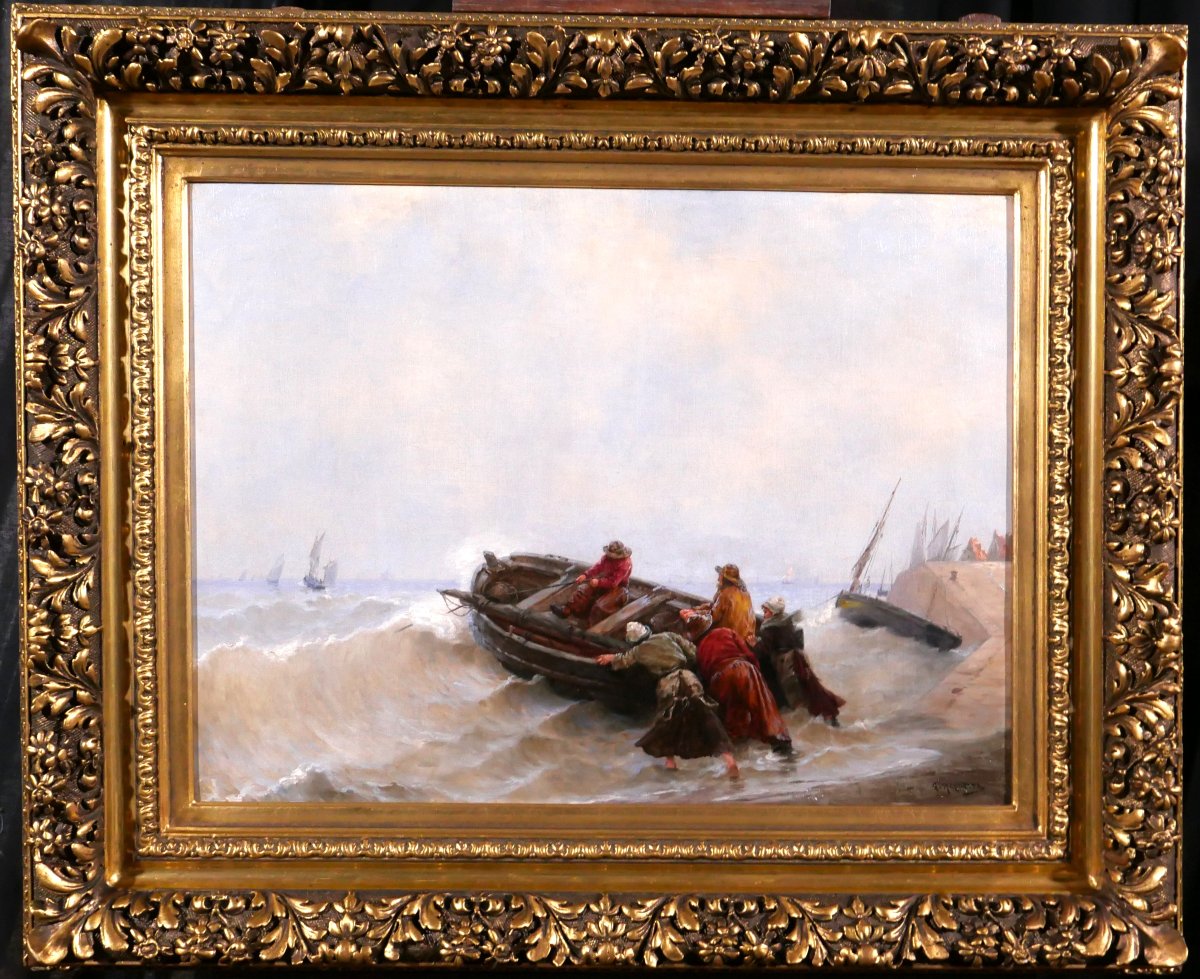 Georges Haquette 1852-1906 The Departure Of The Fishermen, Painting, Late 19th Century, Sea, Marine, Boat, Normandy-photo-2