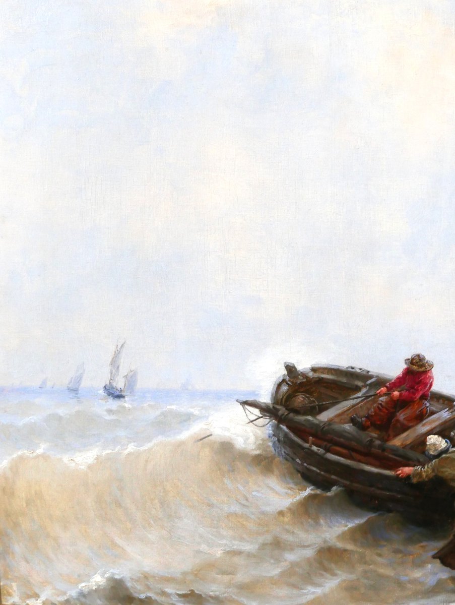 Georges Haquette 1852-1906 The Departure Of The Fishermen, Painting, Late 19th Century, Sea, Marine, Boat, Normandy-photo-4