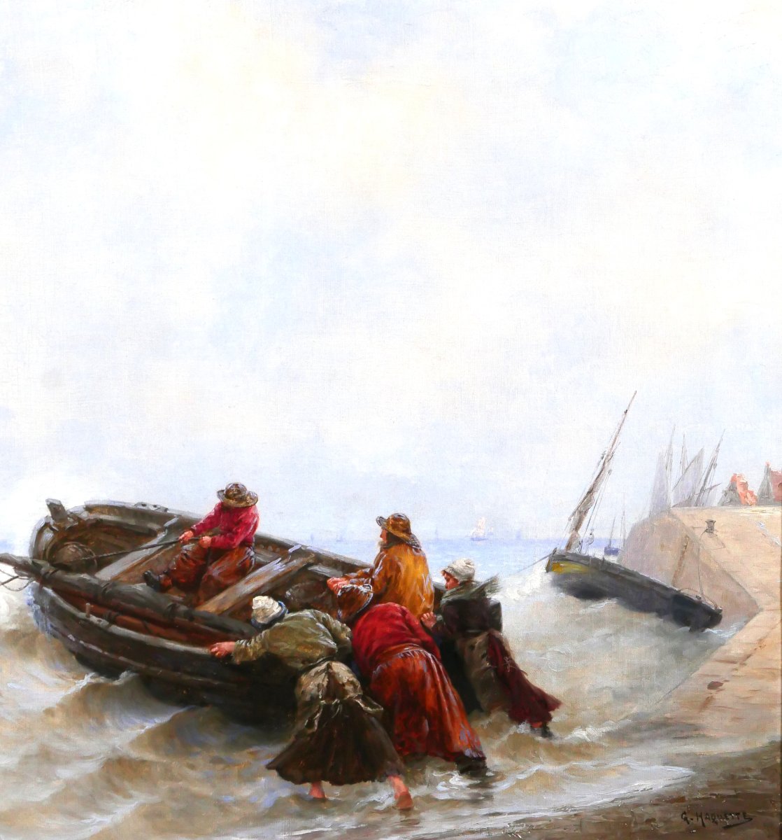 Georges Haquette 1852-1906 The Departure Of The Fishermen, Painting, Late 19th Century, Sea, Marine, Boat, Normandy-photo-1