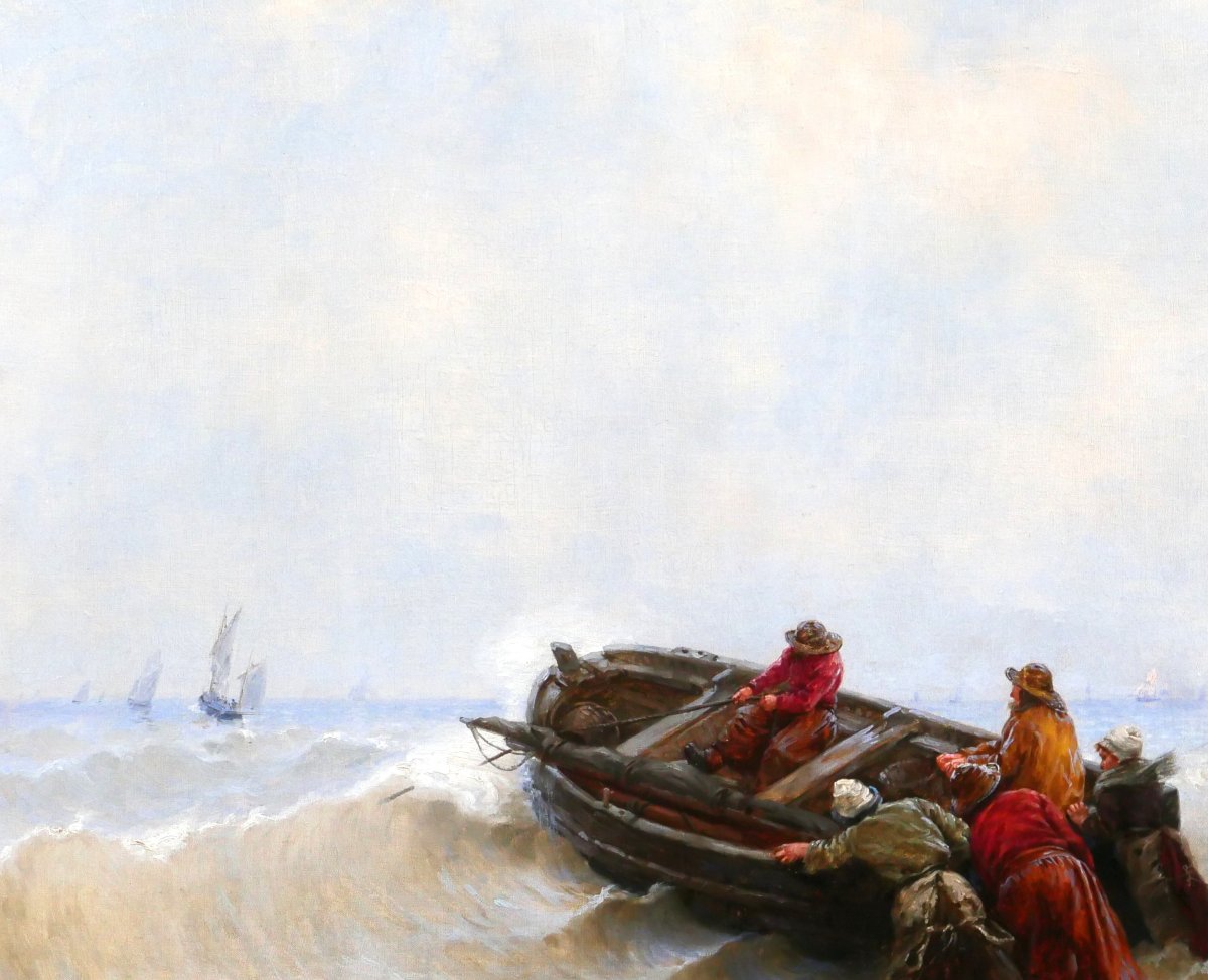 Georges Haquette 1852-1906 The Departure Of The Fishermen, Painting, Late 19th Century, Sea, Marine, Boat, Normandy-photo-2