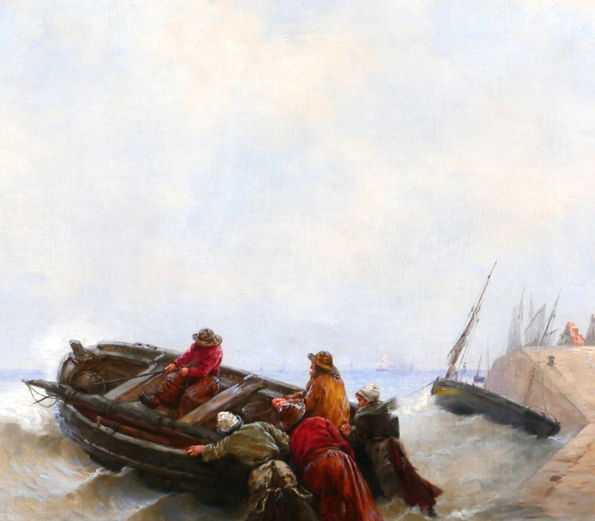 Georges Haquette 1852-1906 The Departure Of The Fishermen, Painting, Late 19th Century, Sea, Marine, Boat, Normandy-photo-3