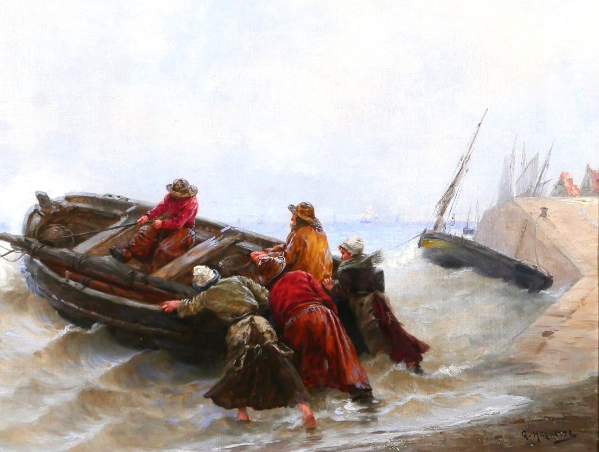 Georges Haquette 1852-1906 The Departure Of The Fishermen, Painting, Late 19th Century, Sea, Marine, Boat, Normandy-photo-4