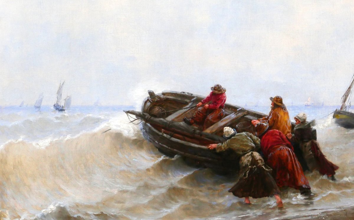 Georges Haquette 1852-1906 The Departure Of The Fishermen, Painting, Late 19th Century, Sea, Marine, Boat, Normandy-photo-5