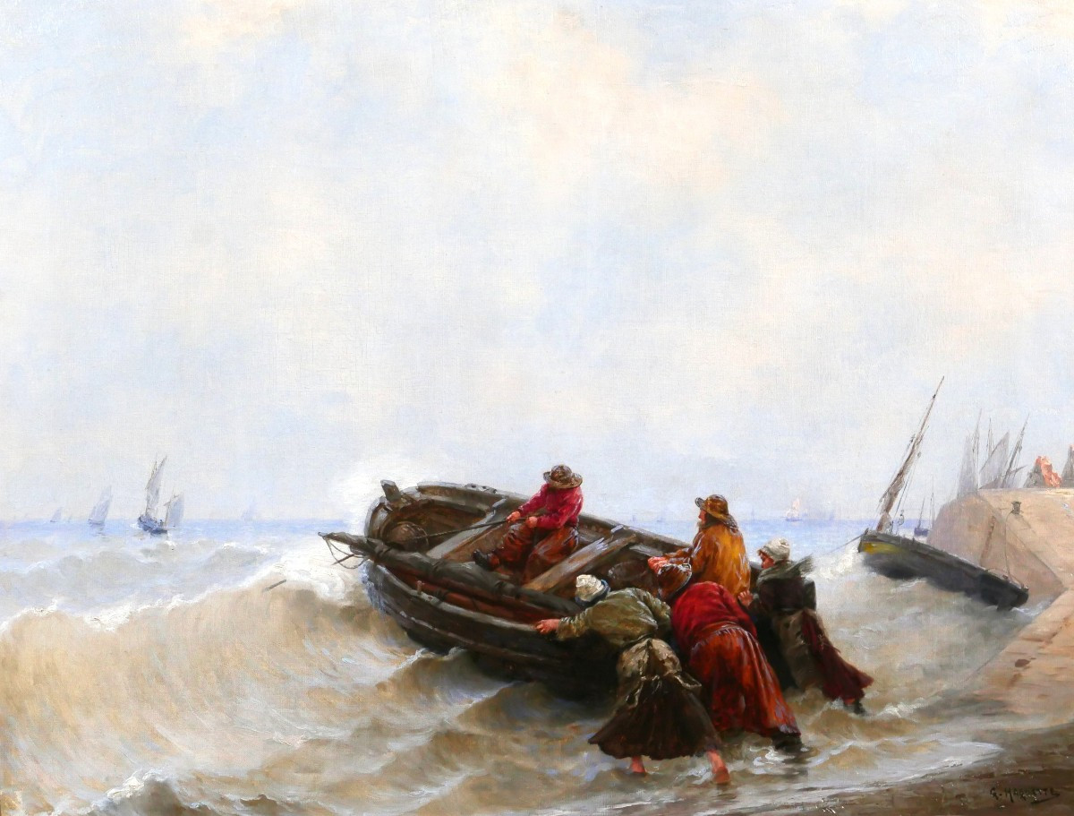 Georges Haquette 1852-1906 The Departure Of The Fishermen, Painting, Late 19th Century, Sea, Marine, Boat, Normandy