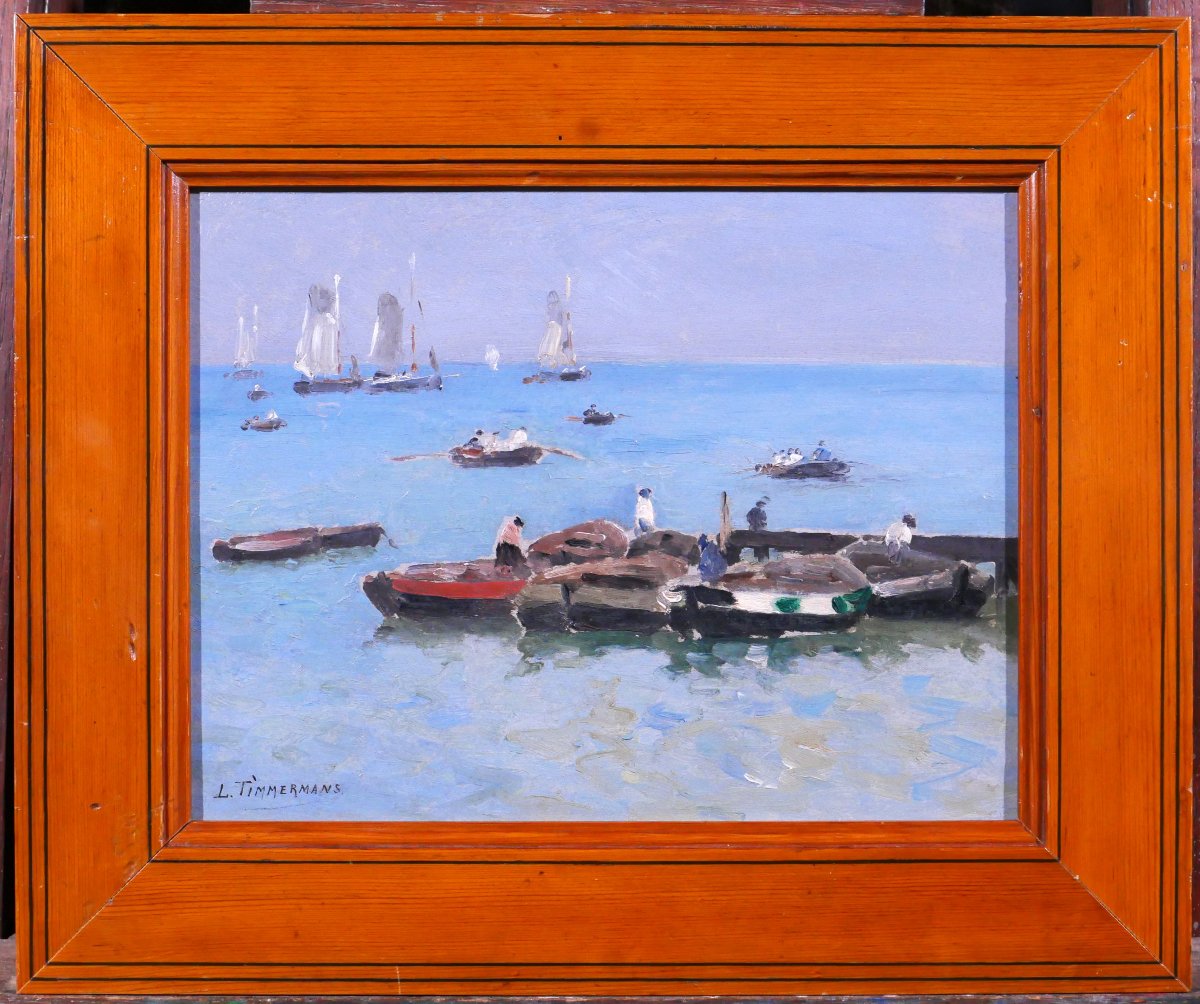 Louis Timmermans 1846-1910 Brittany, Boats And Fishermen, Painting, Circa 1900, Seascape-photo-2
